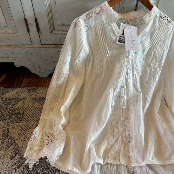 New White Lace Inset 3/4 Sleeve Button Front Blouse Top Women's Top Boho - Picture 5 of 11